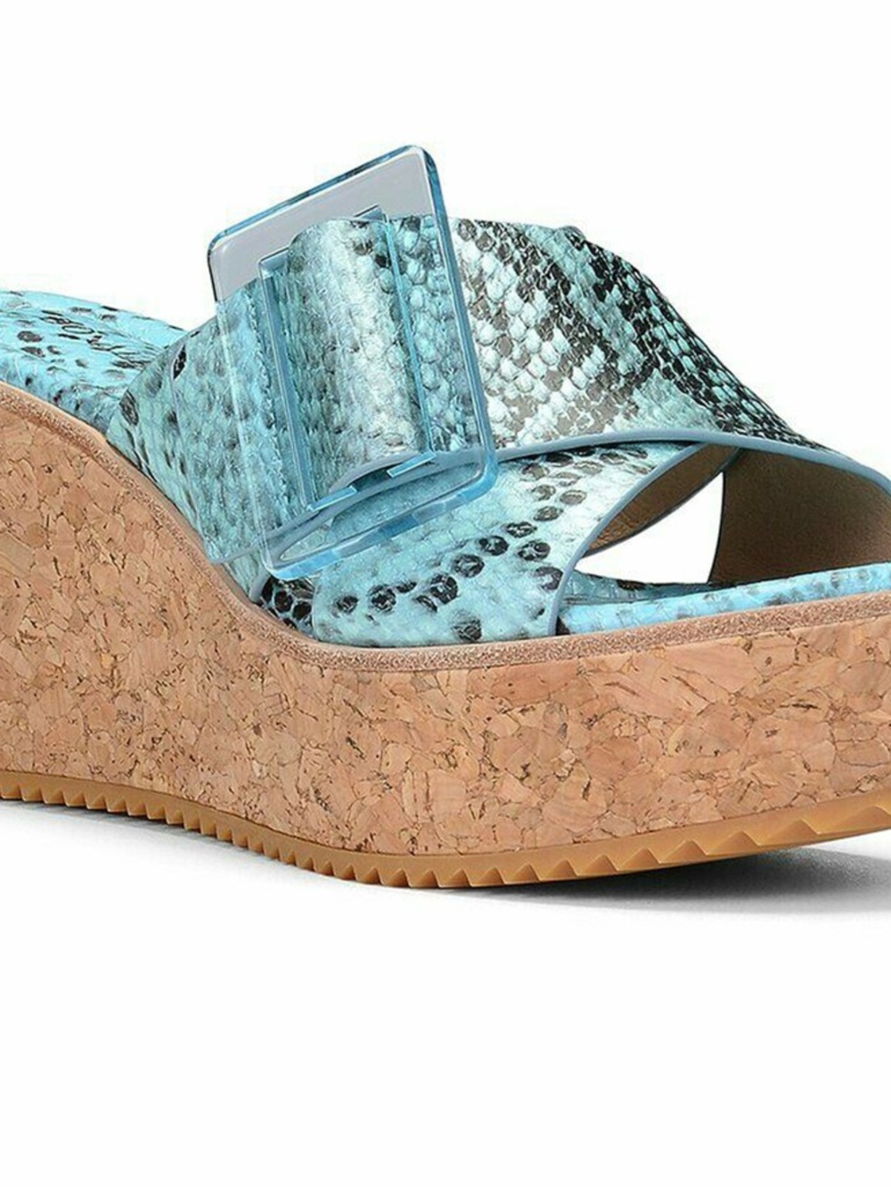 Donald J. Pliner Aqua Snake-Print Cork Wedge Slide with Clear Buckle